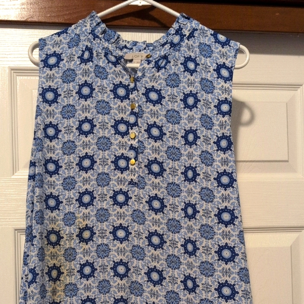 LOFT Blue Buttoned Blouse with Mandarin Collar
